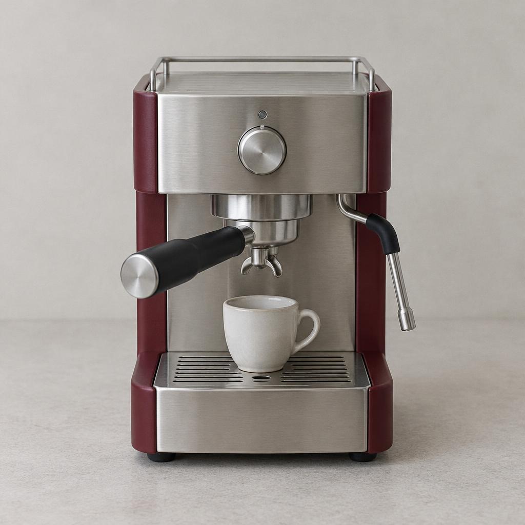 Coffee Machine — Brushed steel, burgundy finish