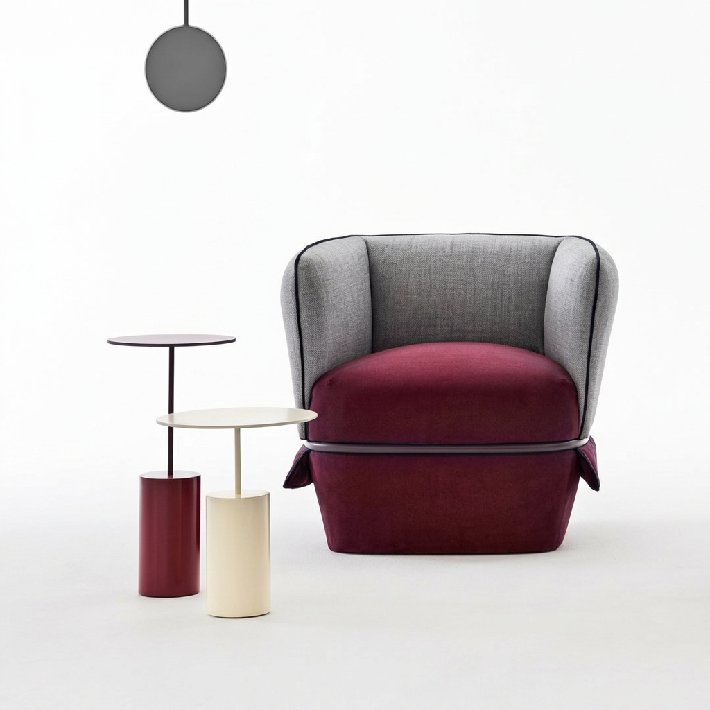 Two-Tone Accent Chair — Burgundy velvet, grey wool