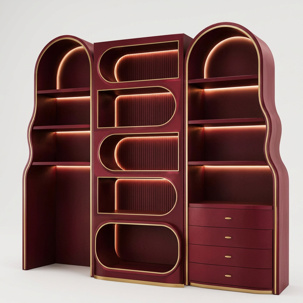 Arched Illuminated Cabinet — Burgundy lacquer, brass, LED