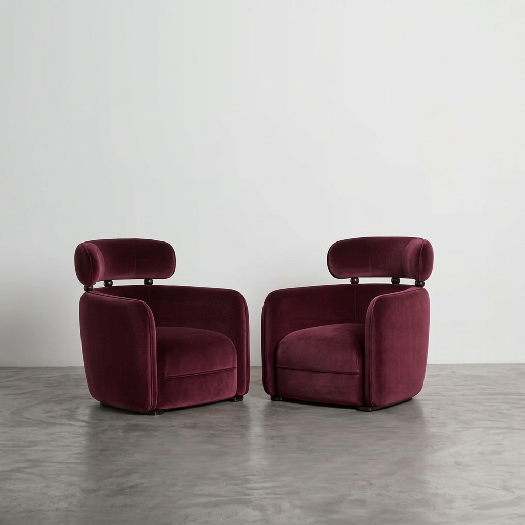 Velvet Bolster Armchair — Burgundy velvet, wood