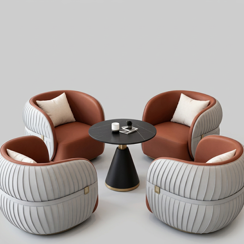 Channel Lounge Chair — Cognac leather, grey channel tuft